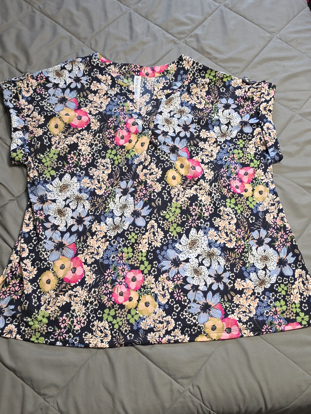 Floral Short-Sleeve Blouse in Navy with Pink & Yellow Flowers